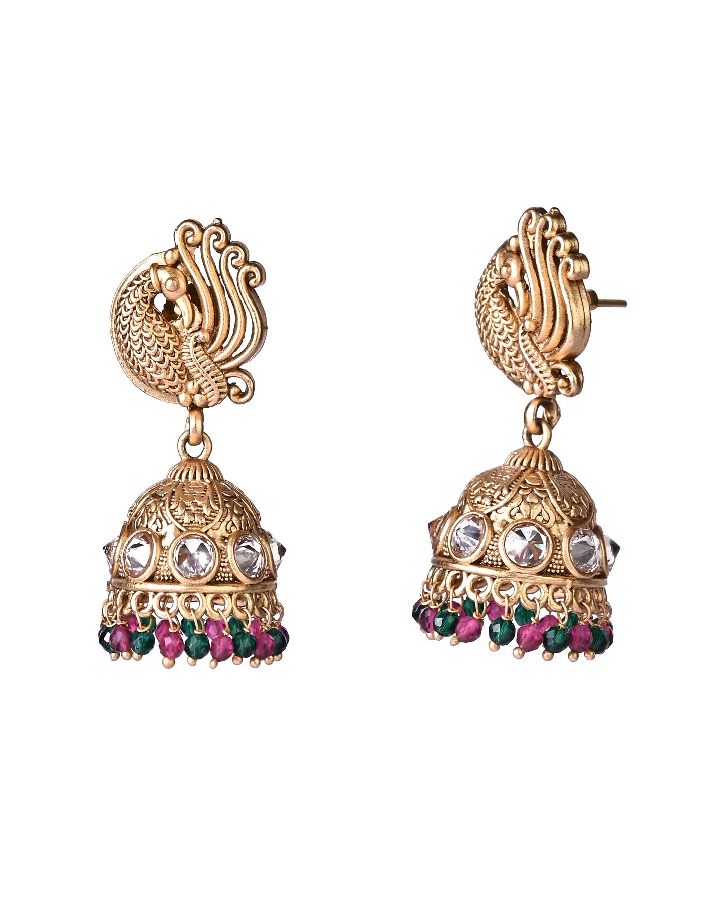 Trendy Peacock Design Red & Green Victorian Beads Gold Polish Polki Jhumka Earrings.💫