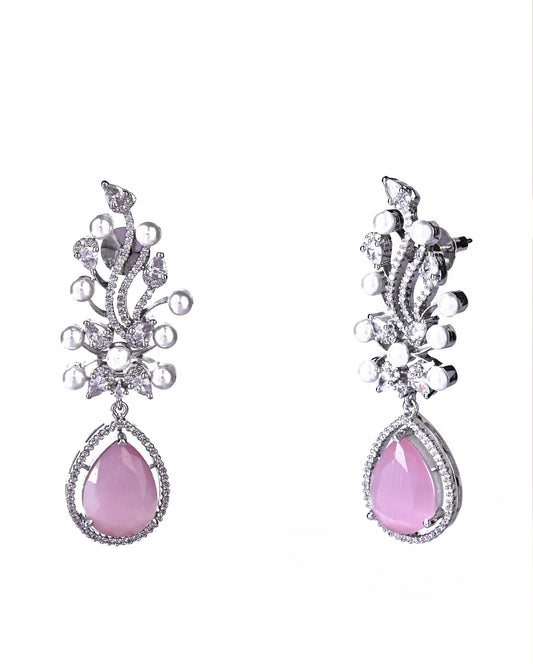 Glass Stone+Pearl+Silver Plated AD Dangler Earrings.💫
