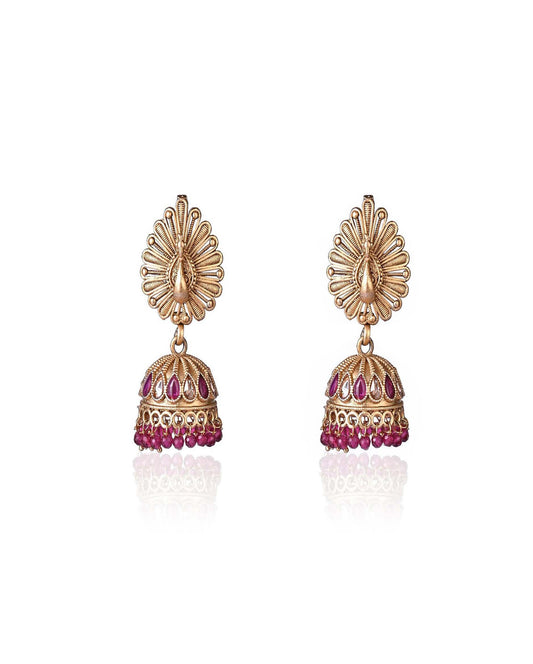 Trendy Peacock Design Red & Green Victorian Beads Gold Polish Polki Jhumka Earrings.💫