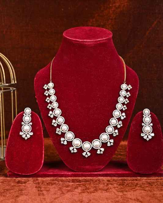 Gold Plated White Pearl, CZ & American Diamond Necklace Set with Earrings.💫