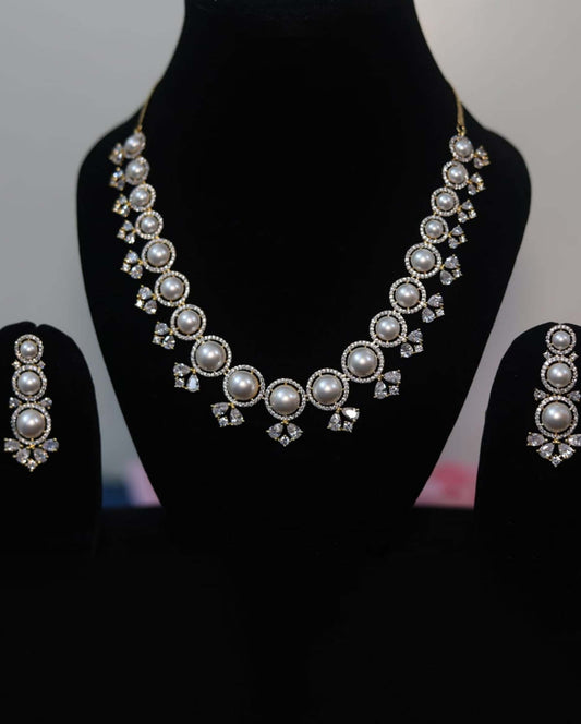 Gold Plated White Pearl, CZ & American Diamond Necklace Set with Earrings.