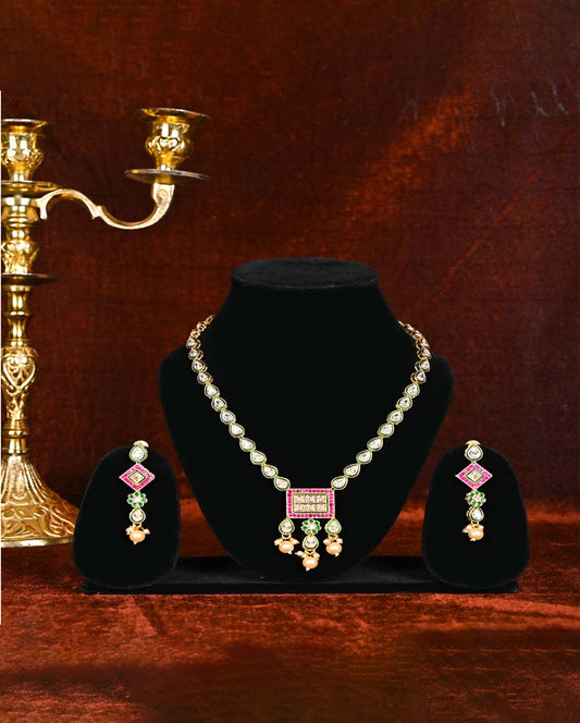 Gold-Plated White, Green & Pink Kundan & CZ Studded Jewellery Set.💫