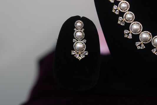 Gold Plated White Pearl, CZ & American Diamond Necklace Set with Earrings.