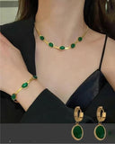Oval Green Crystal Pendant Necklace Set With Bracelet