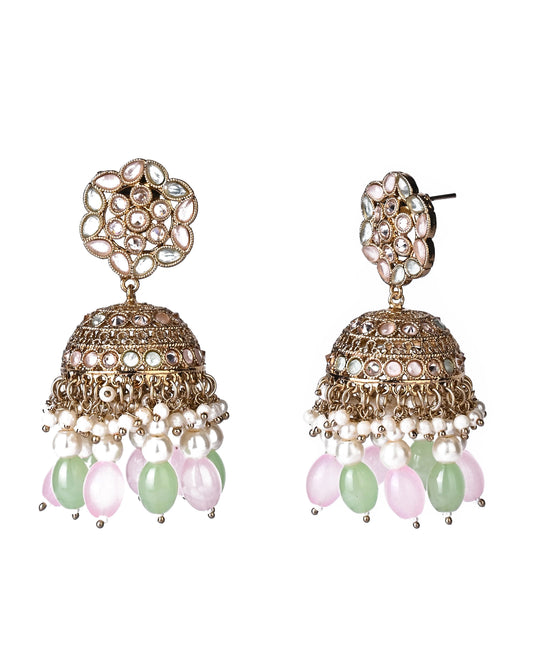 Pink & Mint Green Jadau Kundan & Pearls Ethnic Tradional Mirror Jhumka.💫