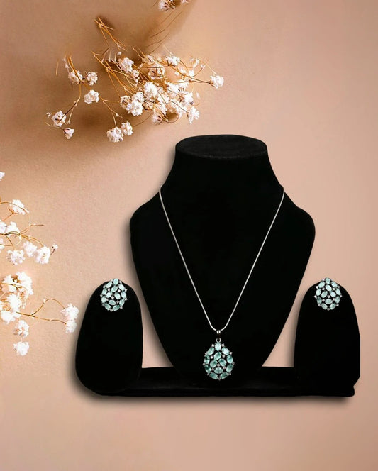 Rhodium Finish Turquoise Crystal & Cubic Zirconia Pendant Necklace.💫