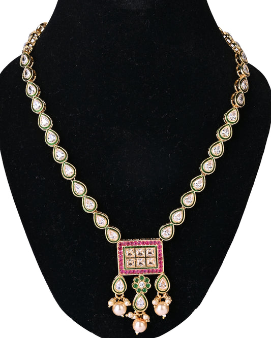 Gold-Plated White, Green & Pink Kundan & CZ Studded Jewellery Set.💫