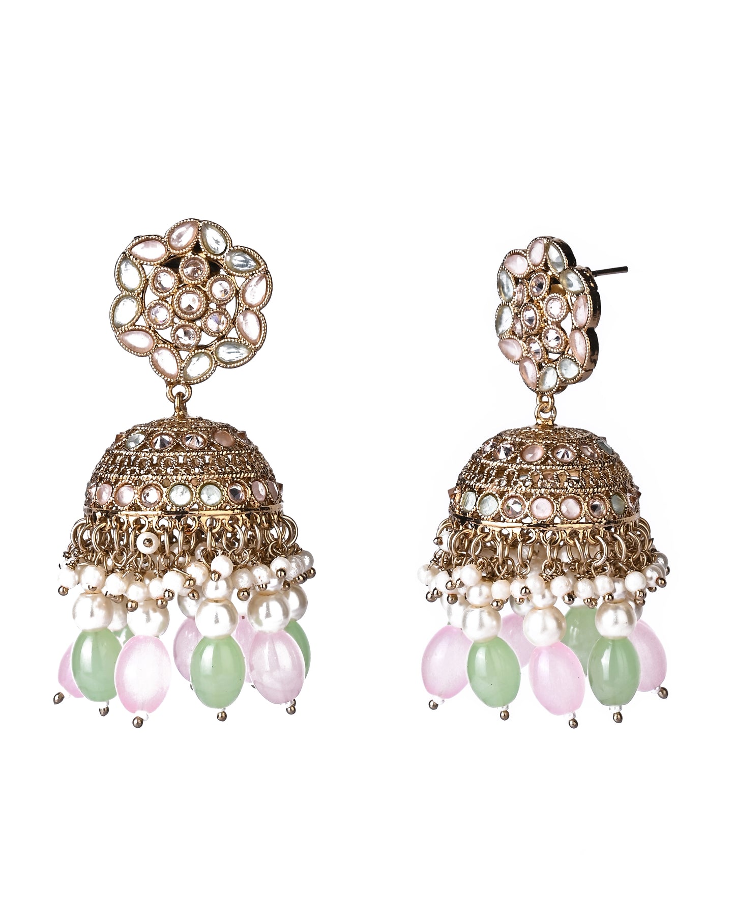 Pink & Mint Green Jadau Kundan & Pearls Ethnic Tradional Mirror Jhumka.💫