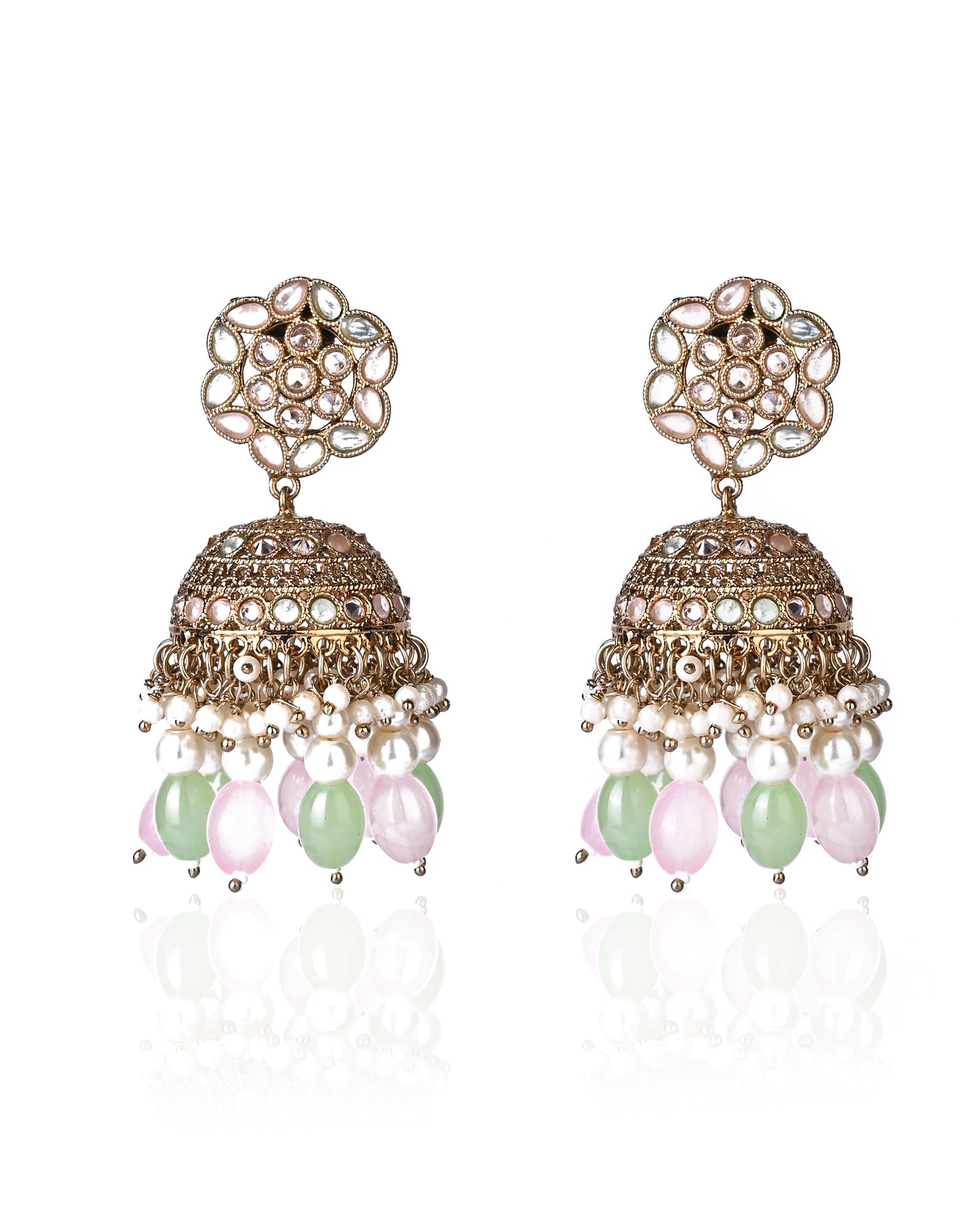 Pink & Mint Green Jadau Kundan & Pearls Ethnic Tradional Mirror Jhumka.💫