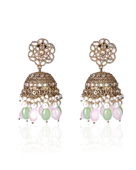 Pink & Mint Green Jadau Kundan & Pearls Ethnic Tradional Mirror Jhumka.💫