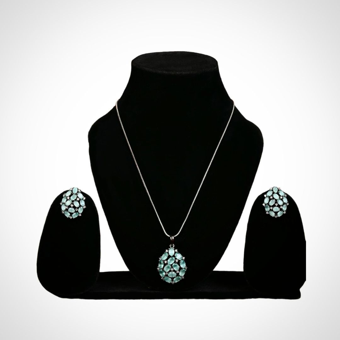 Rhodium Finish Turquoise Crystal &amp; Cubic Zirconia Pendant Necklace.💫