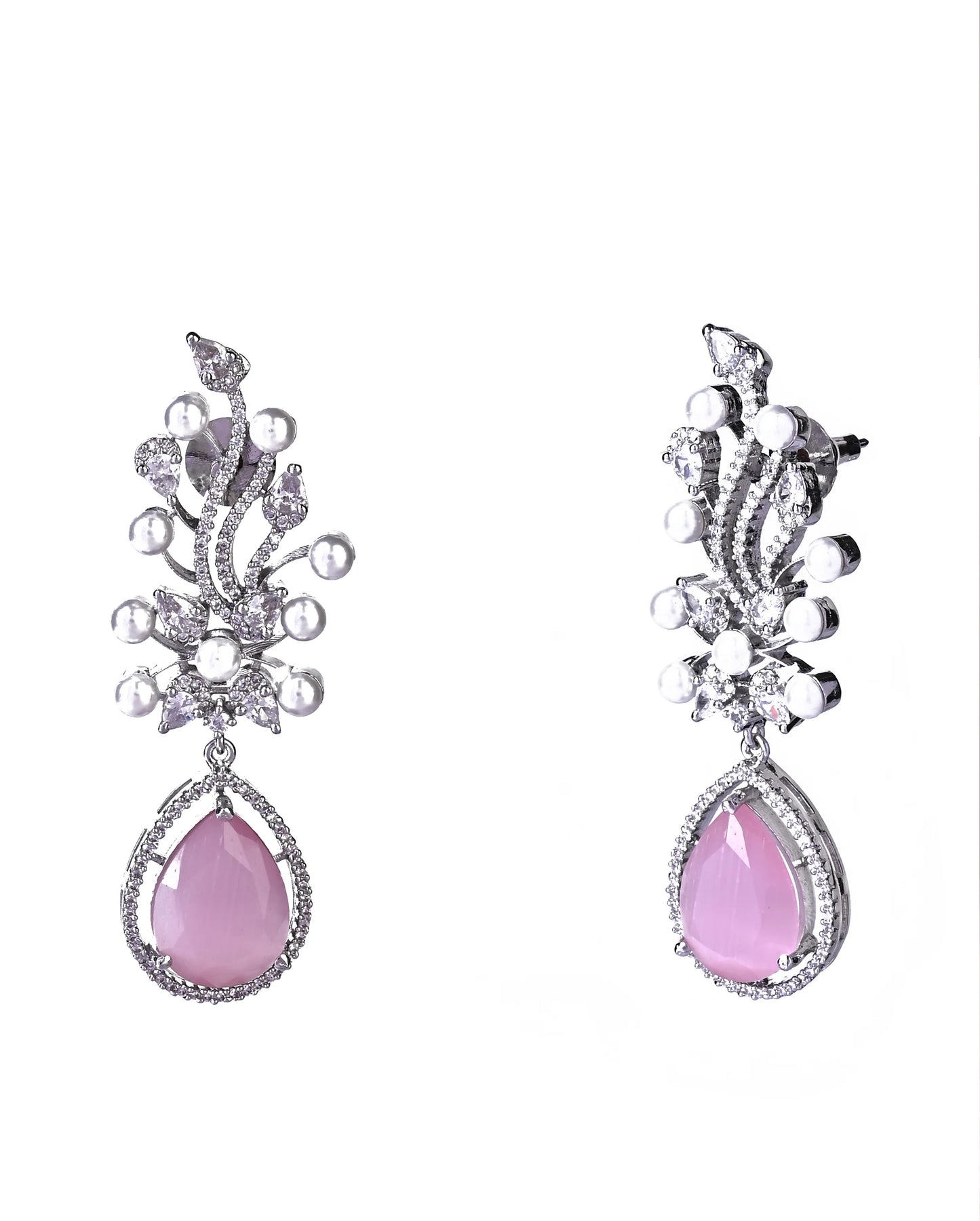 Glass Stone+Pearl+Silver Plated AD Dangler Earrings.💫