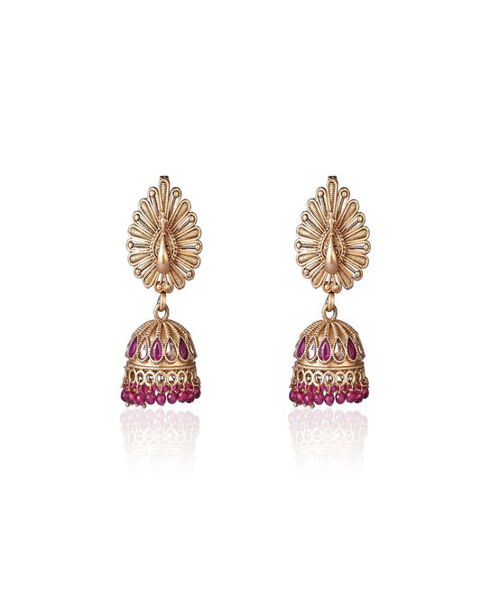 Trendy Peacock Design Red & Green Victorian Beads Gold Polish Polki Jhumka Earrings.💫