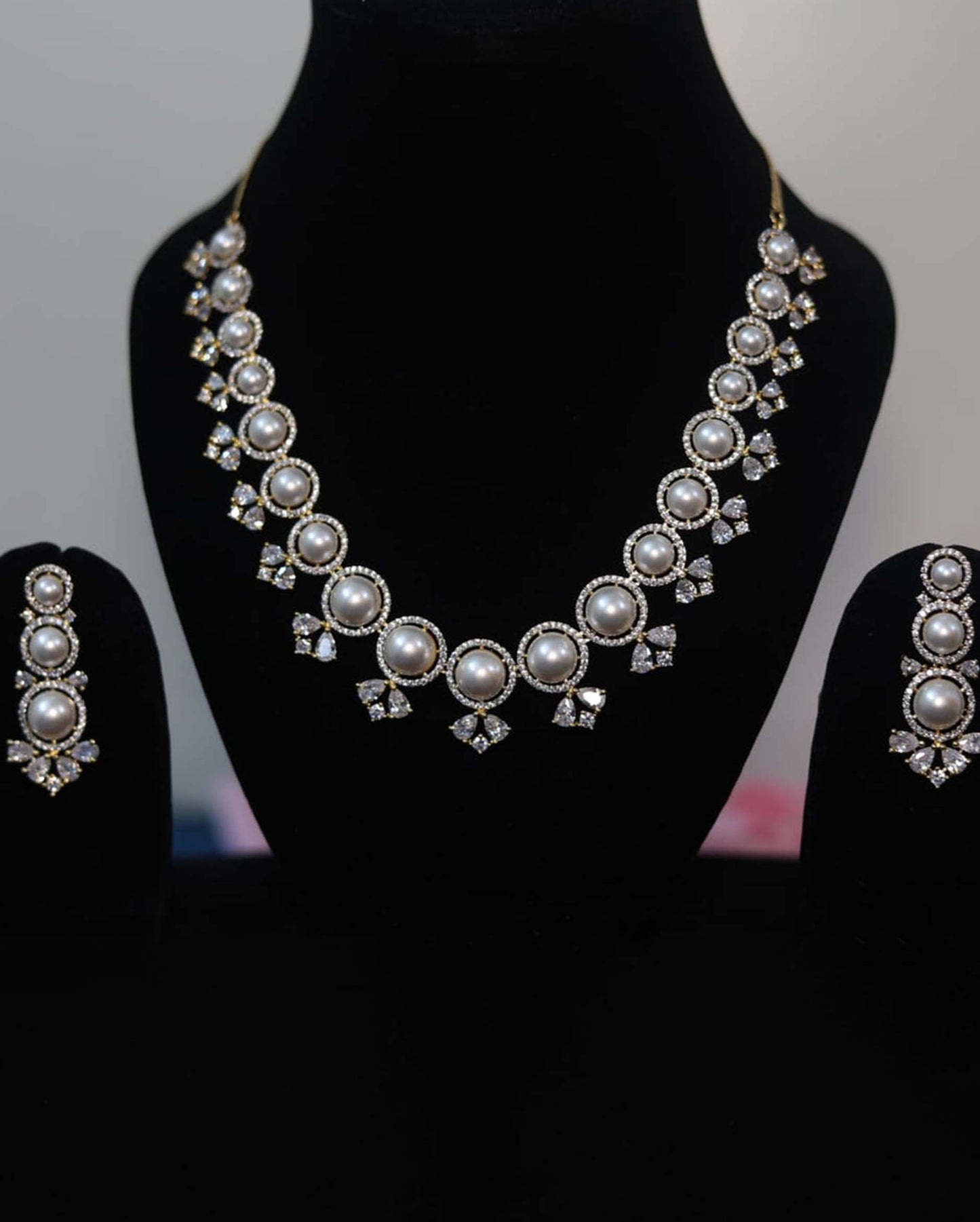 Gold Plated White Pearl, CZ & American Diamond Necklace Set with Earrings.