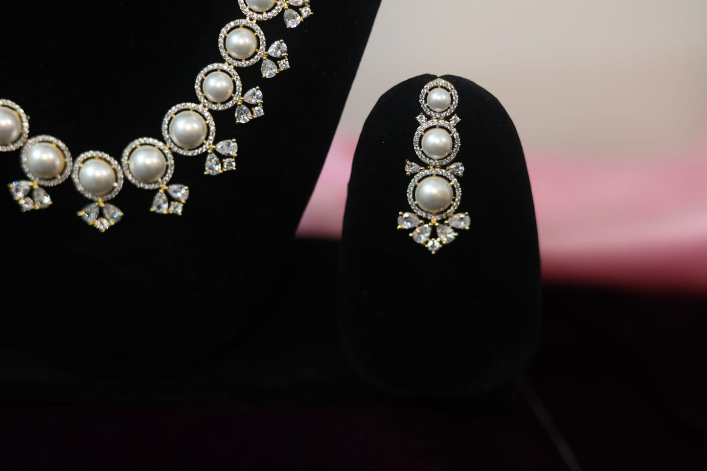 Gold Plated White Pearl, CZ & American Diamond Necklace Set with Earrings.