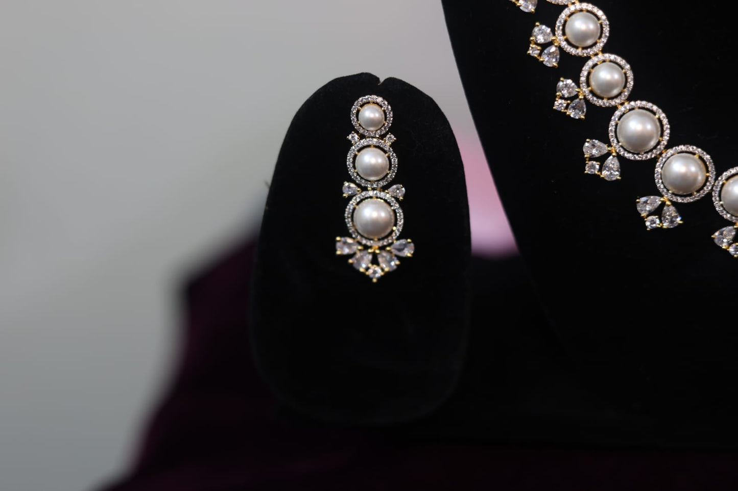 Gold Plated White Pearl, CZ & American Diamond Necklace Set with Earrings.