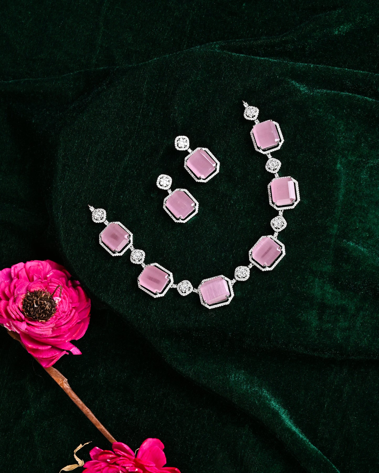 Hydrostone, CZ & American Diamond Studded Necklace set with Earrings.