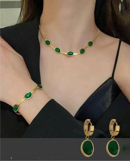 Oval Green Crystal Pendant Necklace Set With Bracelet