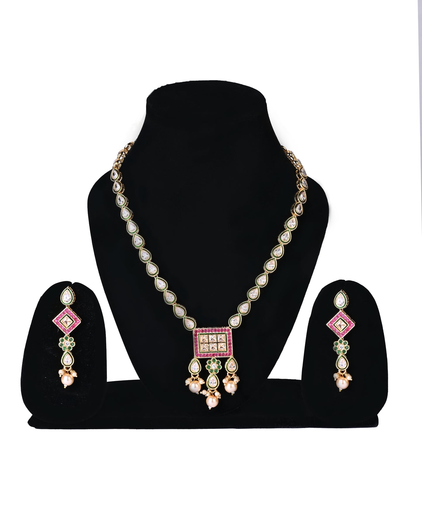 Gold-Plated White, Green & Pink Kundan & CZ Studded Jewellery Set.💫